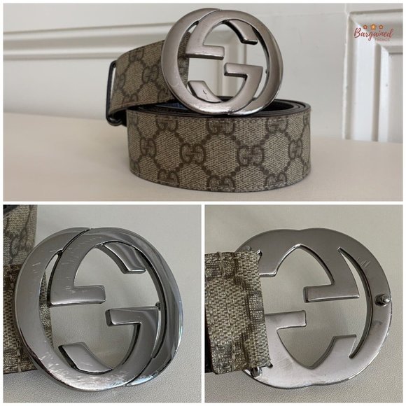 Auth Gucci Brown GG Supreme Canvas Leather Silver Interlocking G Buckle 95/38 - Picture 2 of 13